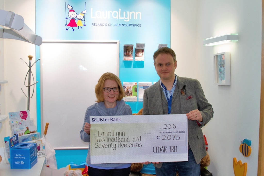 Gerard Haughey was delighted to represent all of Cedar Tree’s customers in presenting Claire Shiels of LauraLynn with a cheque for €2,075.00